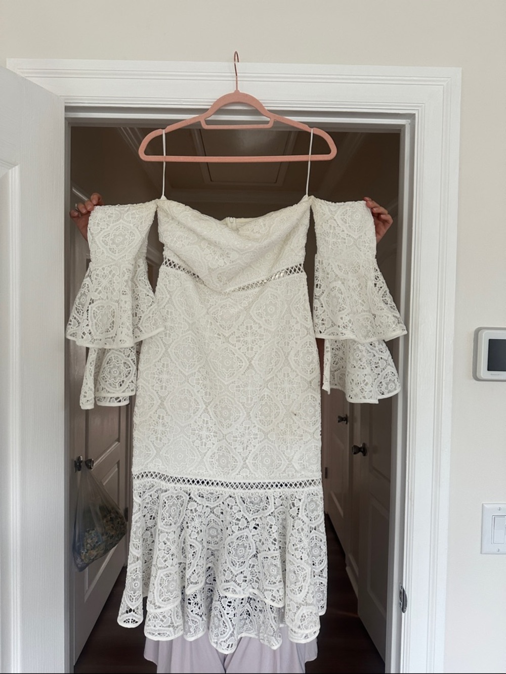 Ivory Lace Off-Shoulder Midi Dress with Tiered Bell Sleeves